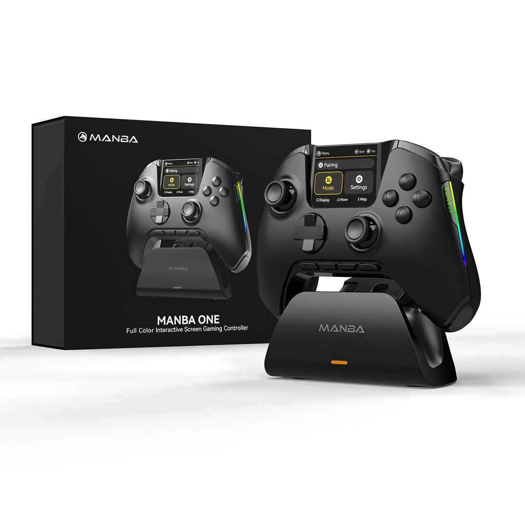 Controlador Inalámbrico Manba One con Pantalla Integrada para PC/Switch/Switch 2/iOS/Android, Estación de Carga, Joystick Hall Effect, Gatillos, Iluminación RGB Ajustable, Batería 1800mAh, Negro Oscuro