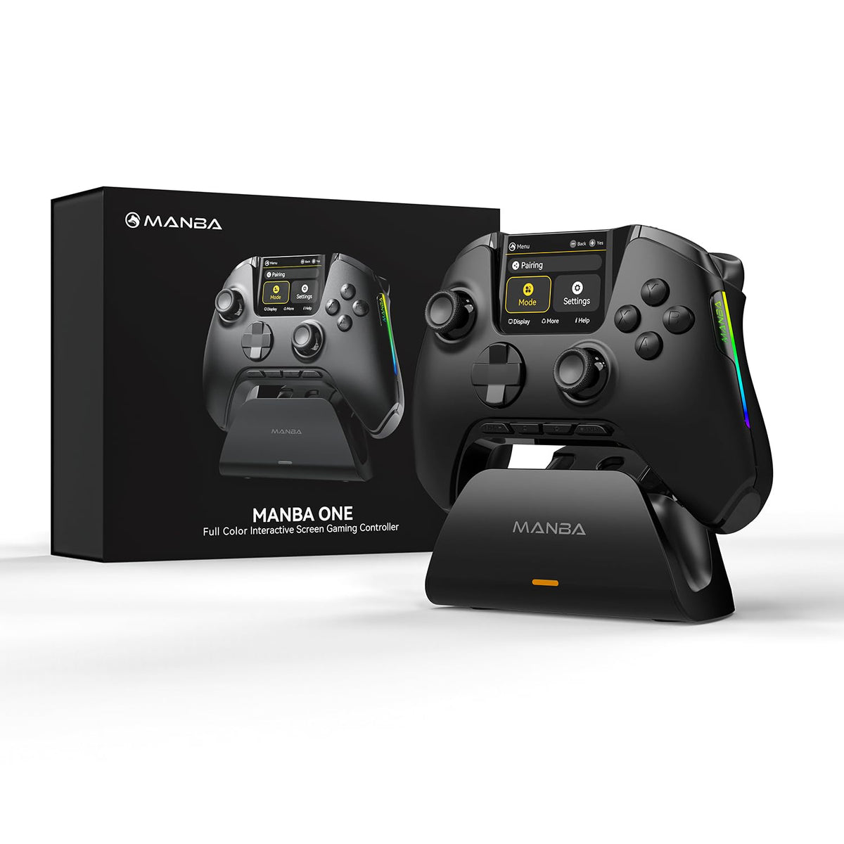 Controlador Inalámbrico Manba One con Pantalla Integrada para PC/Switch/Switch 2/iOS/Android, Estación de Carga, Joystick Hall Effect, Gatillos, Iluminación RGB Ajustable, Batería 1800mAh, Negro Oscuro
