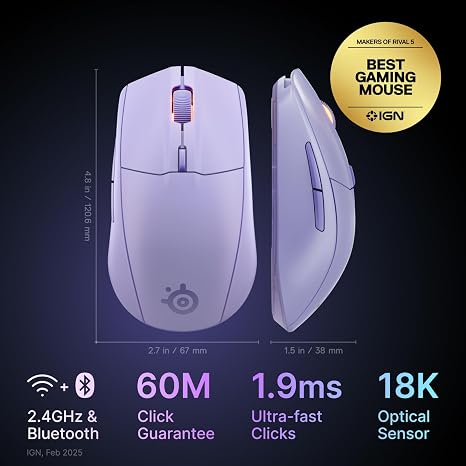 SteelSeries Ratón inalámbrico Rival 3 Gen 2 para juegos, 2.4 GHz y Bluetooth, sensor óptico TrueMove Air de 18000 DPI - Durabilidad de 60 millones de clics