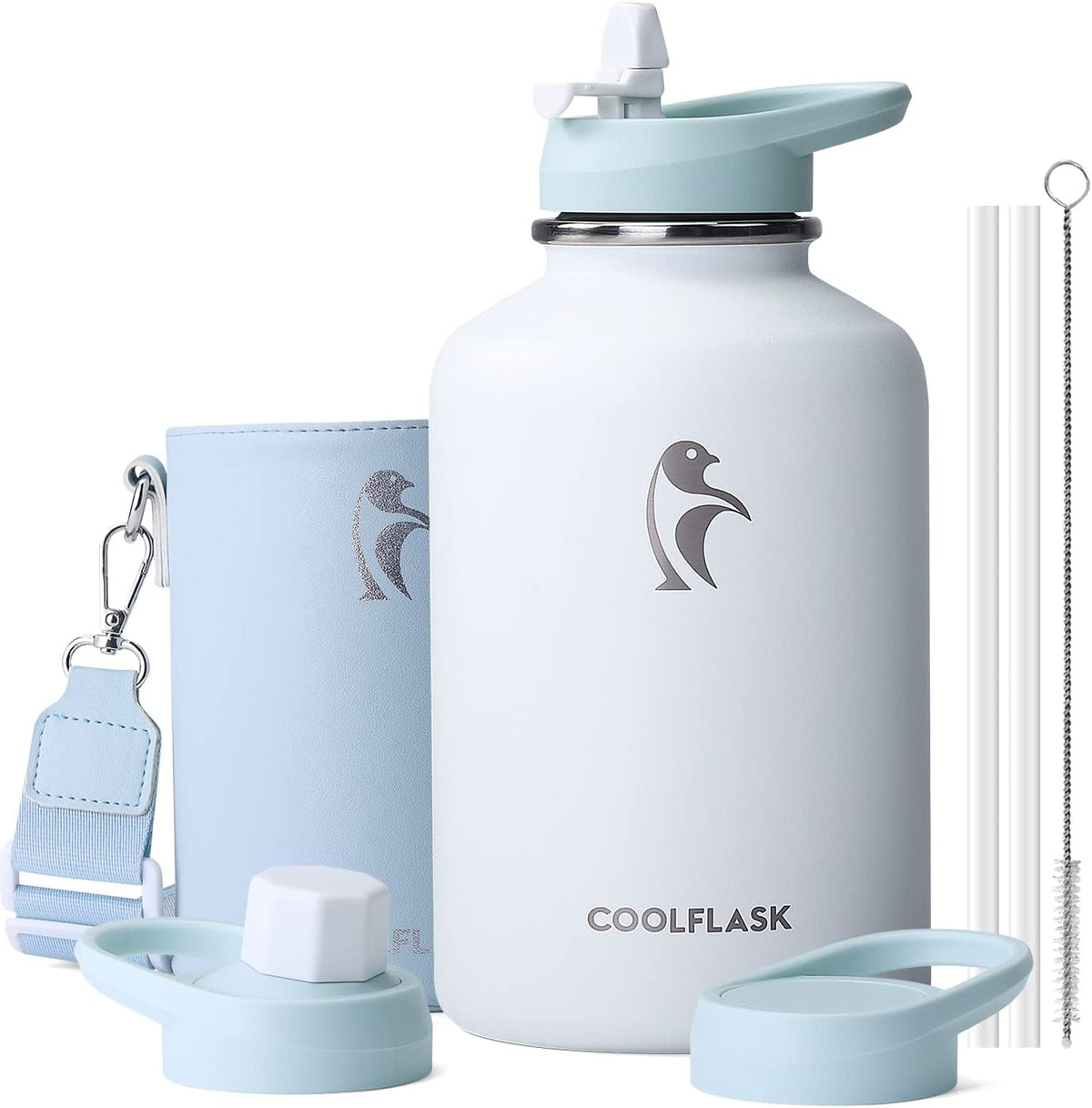Botella de Agua Coolflask 1.9L Aislante con Funda de Cuero PU, Botella Agua Media Galón Contraste de Colores con Tapas con Pajillas, Acero Inoxidable Grande, Mantiene Fría 48h Caliente 24h, Blanco Glacial