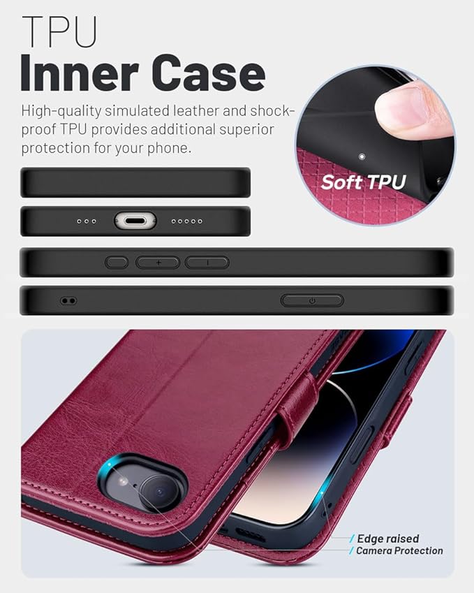 Funda Cartera OCASE para iPhone 17e y 16e — Cuero PU con Bloqueo RFID, Soporte y Ranuras para Tarjetas