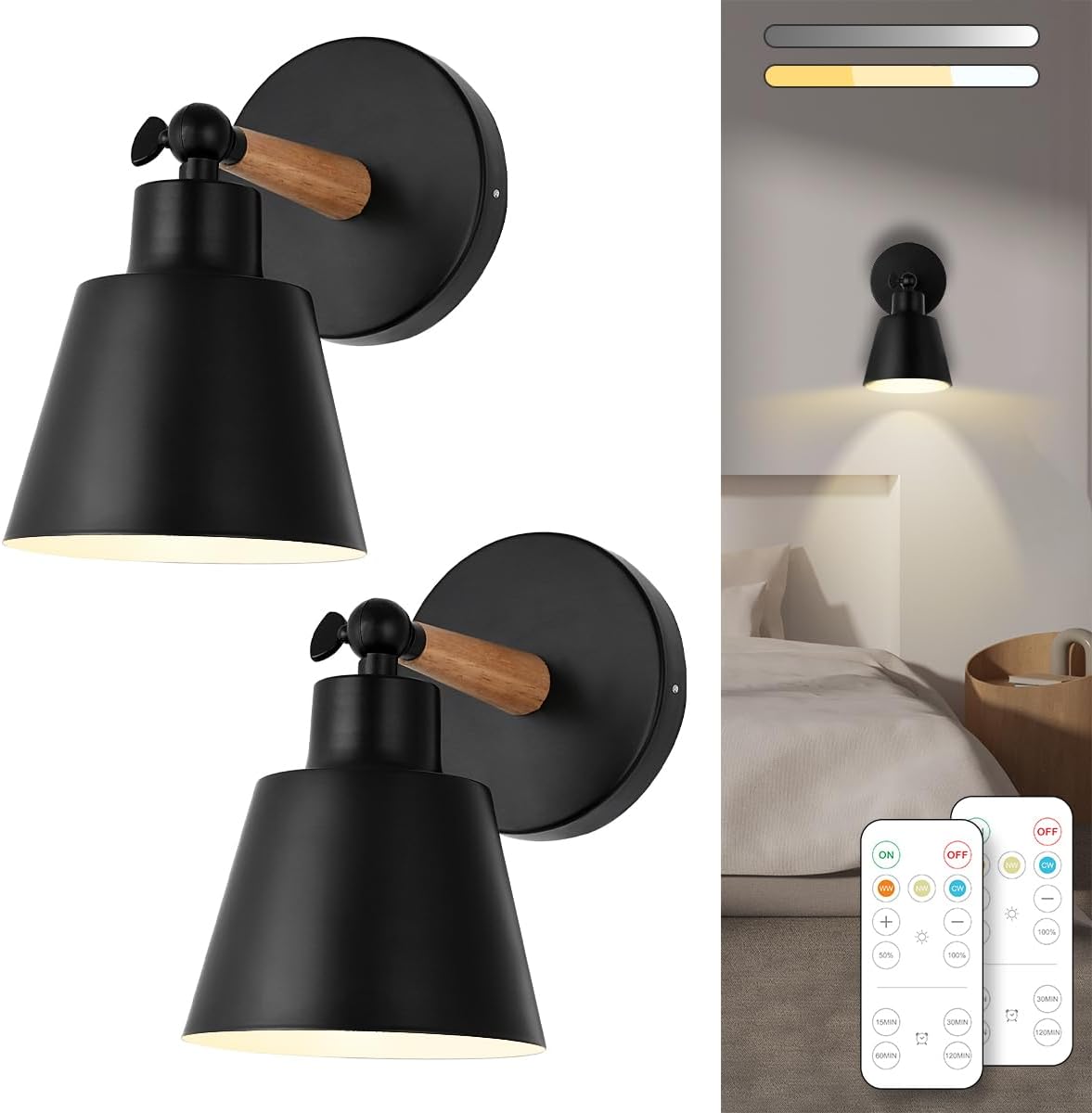 Juego de dos apliques de pared BIMEAN negros a pilas, luces inalámbricas fáciles de instalar, luces LED regulables con control remoto, lámparas de pared con temporizador automático para dormitorio, galería, sala de estar, caravana