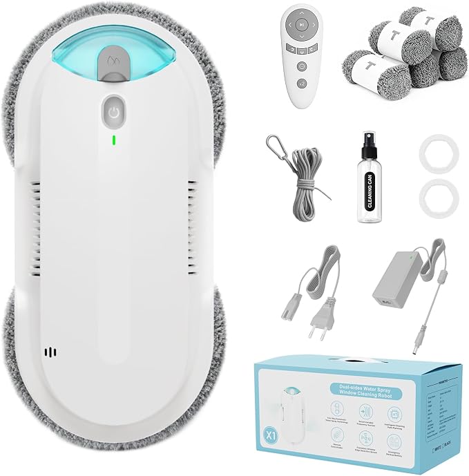 Robot de limpieza de ventanas - Succión de doble hélice 4800-6400Pa, rociador ultrasónico dual, tanque de 2.9 fl oz, detección de bordes, anticaídas, 3 modos de limpieza para vidrio sin rayas