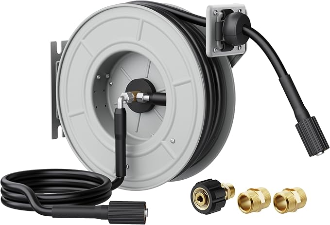 Carrete de manguera retráctil para lavadora a presión, montado en la pared, almacenamiento de manguera de rebobinado automático de 65 pies, acero resistente de 3200 PSI