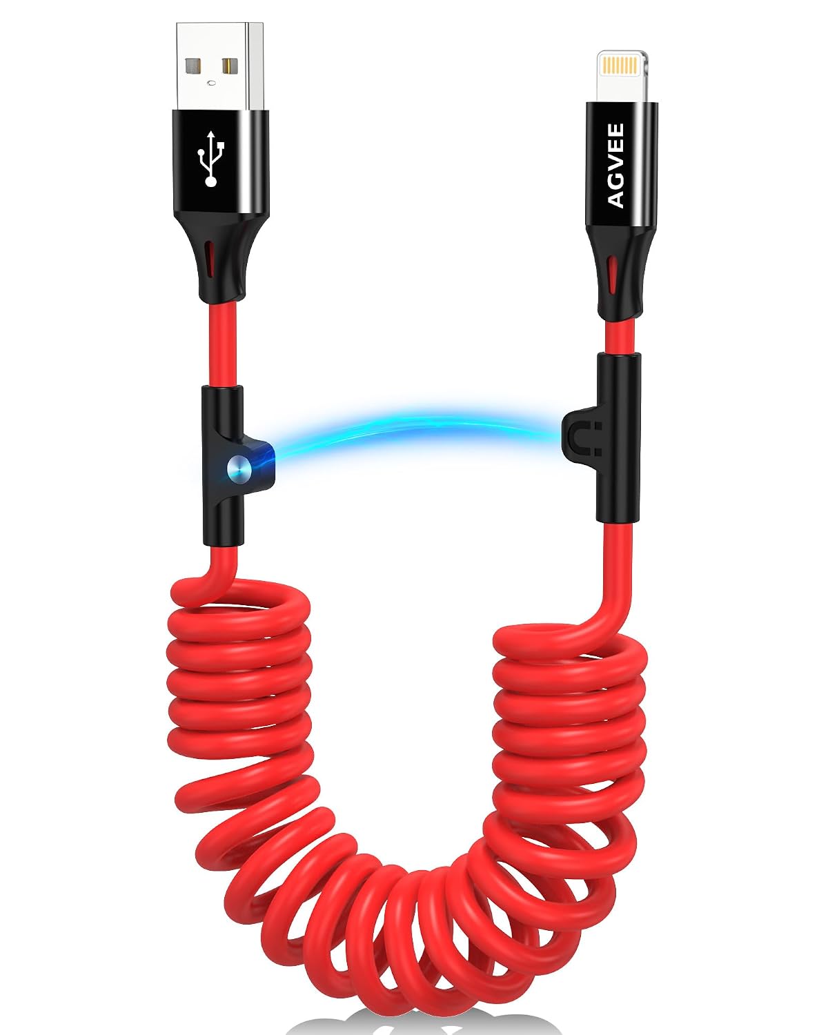 AGVEE Cable Enrollado USB a Lightning 5ft | Certificado MFI | Carga Rapida 3A para Auto | Compatible con iPhone 14/13/12/11/XS/8/7/6/5, CarPlay, iPad, iPod | Rojo