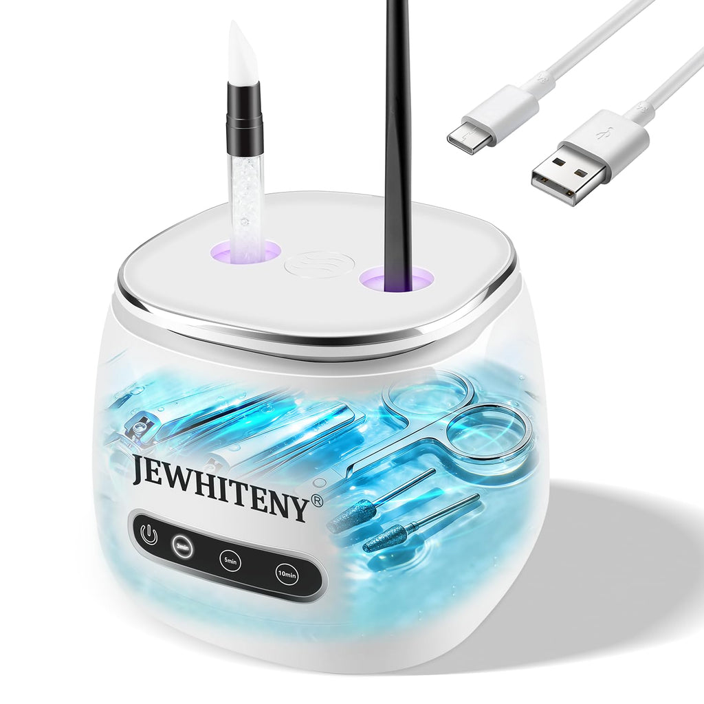 USADO-JEWHITENY Máquina de limpieza de herramientas de uñas recargable 2 en 1: 3 modos de temporizador para brocas de uñas, luz UV automática y limpiador profundo de 45k Hz, cepillo para decoración de uñas, cortauñas, limpieza de joya