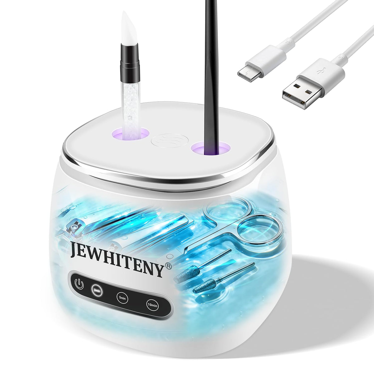 USADO-JEWHITENY Máquina de limpieza de herramientas de uñas recargable 2 en 1: 3 modos de temporizador para brocas de uñas, luz UV automática y limpiador profundo de 45k Hz, cepillo para decoración de uñas, cortauñas, limpieza de joya