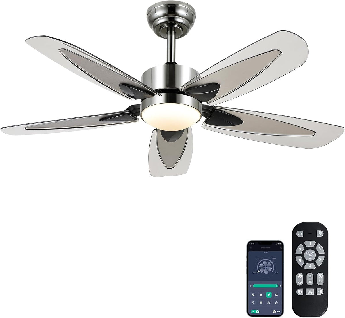 Ventilador de Techo Mpayel 42' Negro con Luces | Para Interior y Exterior | Control Remoto y App | Motor DC Reversible | Regulable | Bajo Perfil