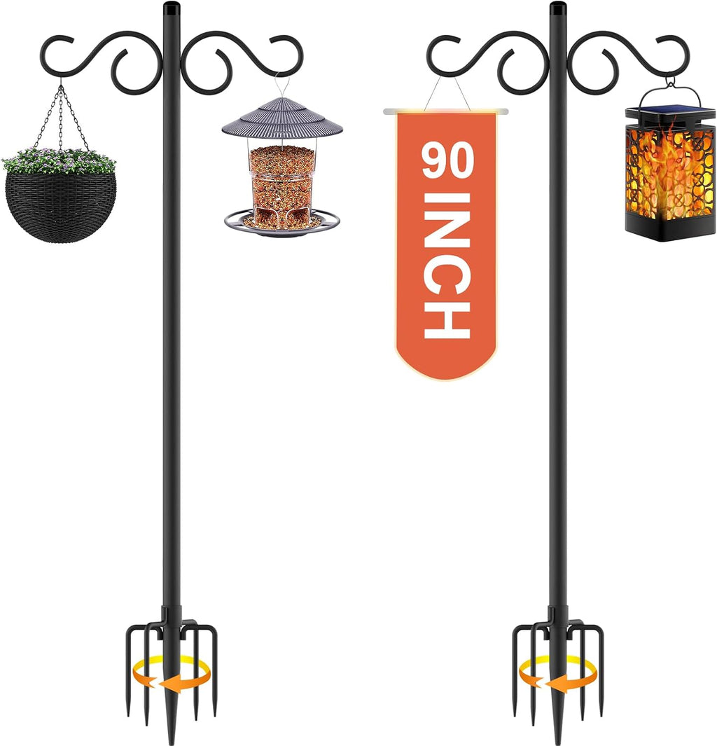 Ganchos dobles de pastor RCUICA para exteriores, paquete de 2 postes para comederos de pájaros de 90 pulgadas con base de 5 puntas, ganchos de pastor resistentes, adecuados para jardín en cestas colgantes de flores, faroles, nidos de pájaros (90 pulgadas)