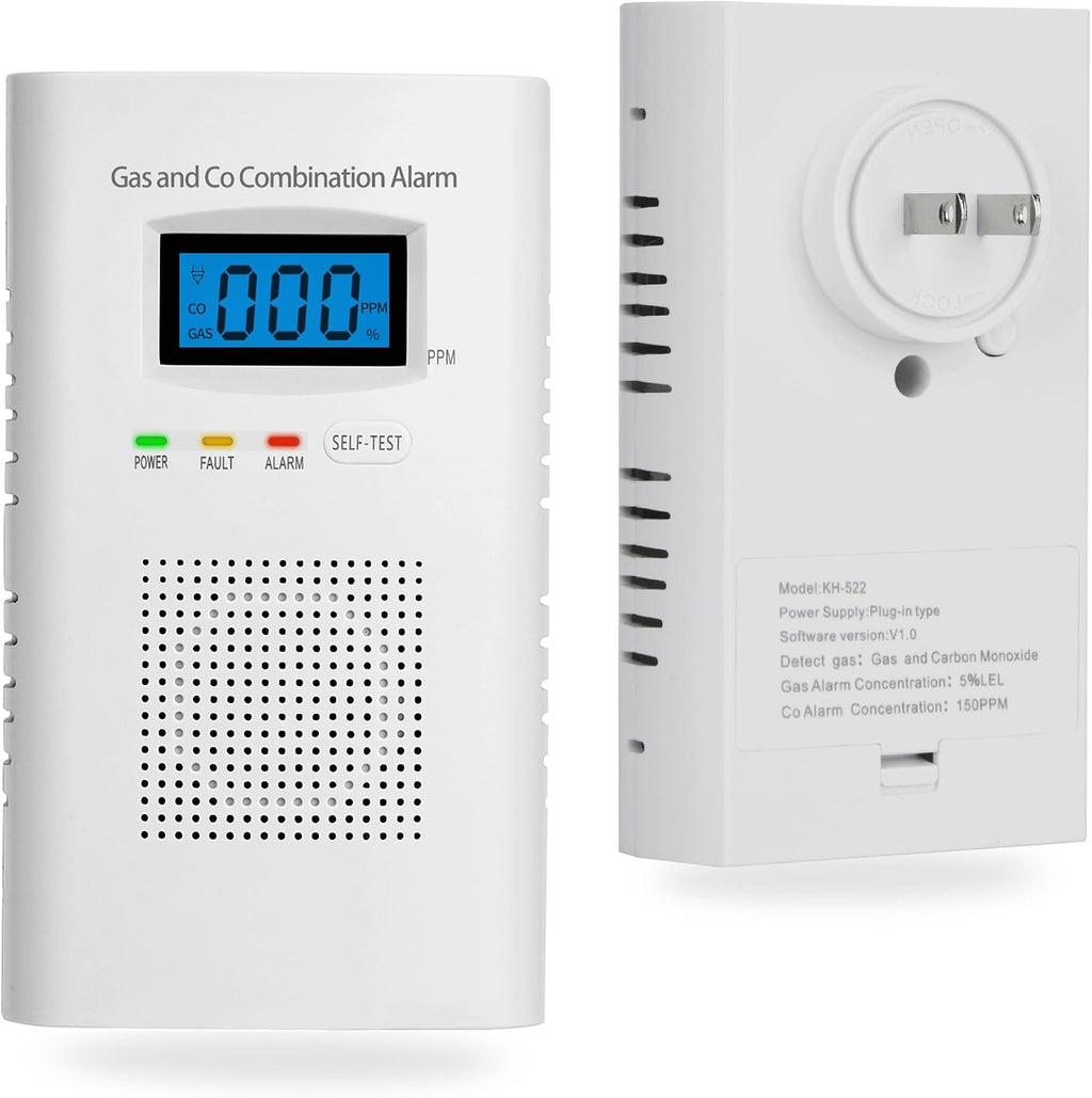 Paquete de 2 detectores combinados de gas y monóxido de carbono, alarma de monóxido de carbono enchufable y detector de gas natural, propano, metano, con función de batería de respaldo de 9 V, pantalla digital, para hogar, apartamento, autocaravana