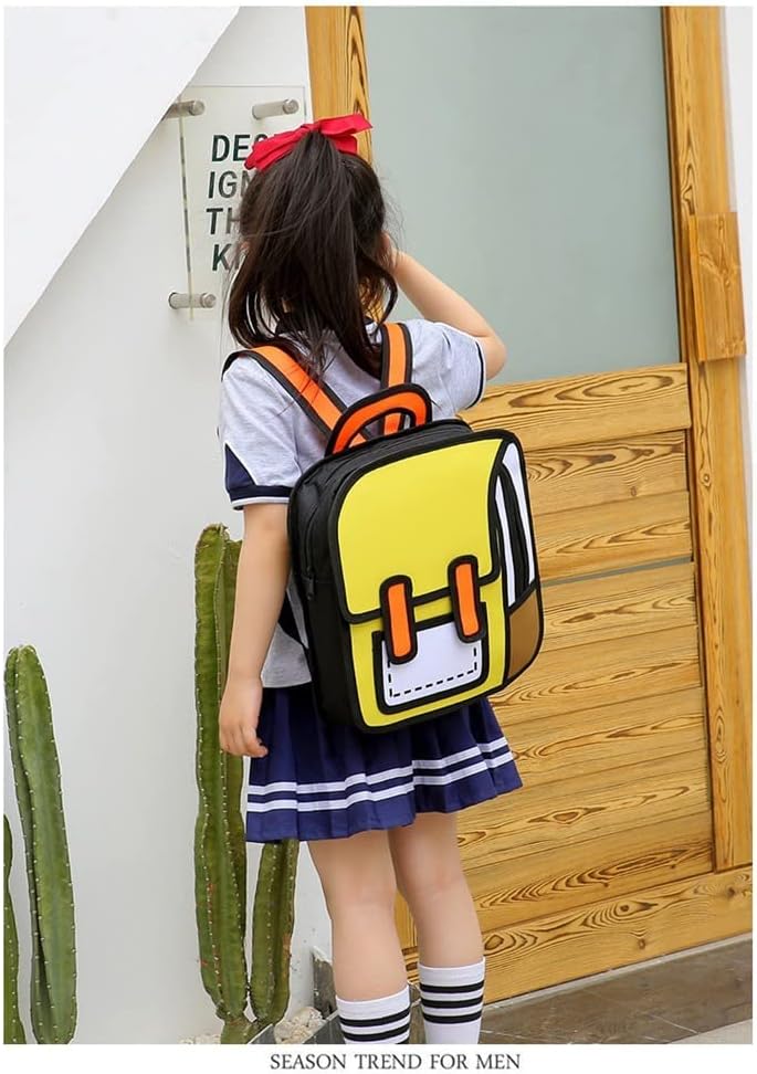 3D Jump Style Kawaii Mochila Sketch Lindo Dibujo de dibujos animados 2D Dibujo de papel cómico Anime Suministros escolares Fun Daypack, Amarillo, Tamaño único, Classic
