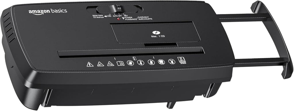 Destructora portátil de papel, CD y tarjetas de crédito Amazon Basics de 8 hojas con corte en tiras, apagado automático, protección contra sobrecalentamiento, diseño compacto, sin cesta, brazo extensible, color negro