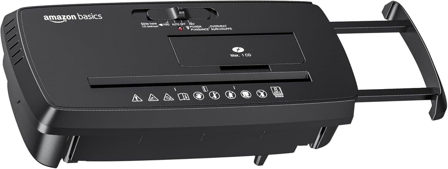 Destructora portátil de papel, CD y tarjetas de crédito Amazon Basics de 8 hojas con corte en tiras, apagado automático, protección contra sobrecalentamiento, diseño compacto, sin cesta, brazo extensible, color negro