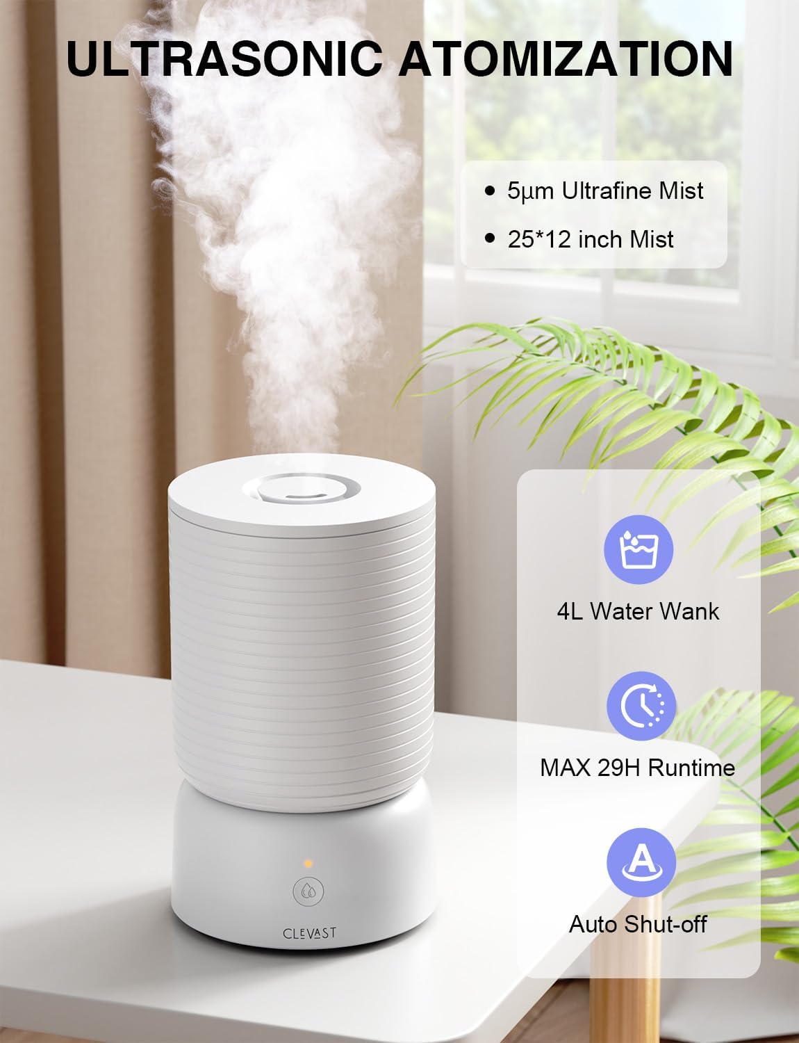 Humidificador inteligente de vapor frío CLEVAST de 4 litros para dormitorio, 4L