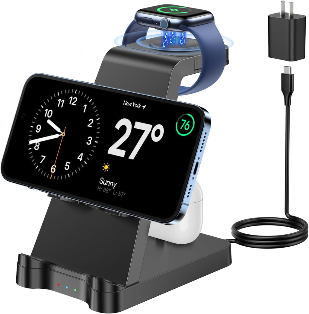 3 in 1 Charging Station for Apple Products - Wireless Charging Station for Multiple Devices - Phone and Watch Charger Stand for iPhone 15/14/13/12/11 Series, iWatch Series 1-9/Ultra, AirPods