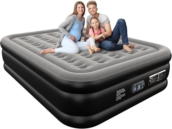 Ezyrest Colchón de aire Queen con bomba incorporada, colchón inflable de doble altura de 16 pulgadas con parte superior flocada suave y bolsa de transporte, colchón inflable ajustable, cama de aire