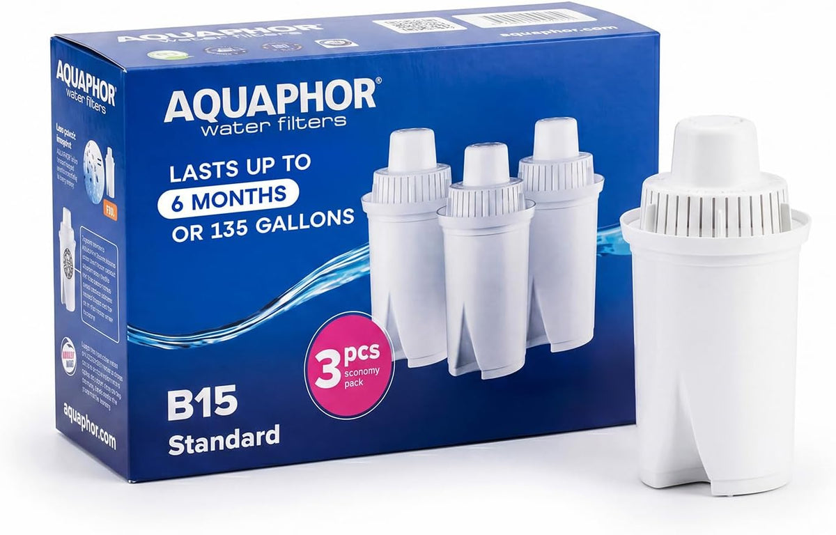 AQUAPHOR B15 Filtro de Agua de Repuesto 3 Piezas | Filtracion de Flujo Rapido | Dura 2 Meses o 45 Galones por Filtro | Sin BPA | Reduce Cloro y Metales Pesados | Mejor Sabor