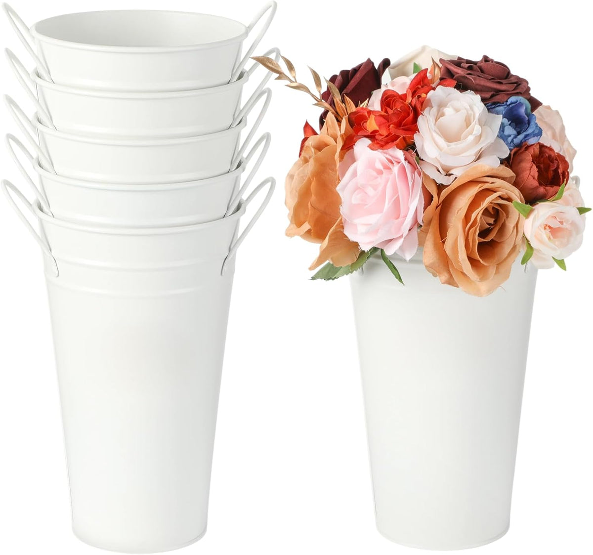 USADO-6 cubos blancos para flores, jarrones de metal galvanizado, jarrón de flores de 25 cm con asas, cubo francés para flores, jarrones rústicos de estilo granja para decoración del hogar, centro de mesa para bodas
