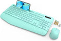 Teclado y Mouse Inalámbrico SABLUTE Ergonómico – Con Descansapuños, Soporte para Teléfono y Baterías Incluidas, Color Verde Menta