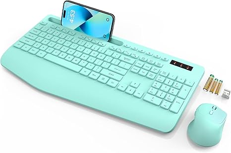 Teclado y Mouse Inalámbrico SABLUTE Ergonómico – Con Descansapuños, Soporte para Teléfono y Baterías Incluidas, Color Verde Menta