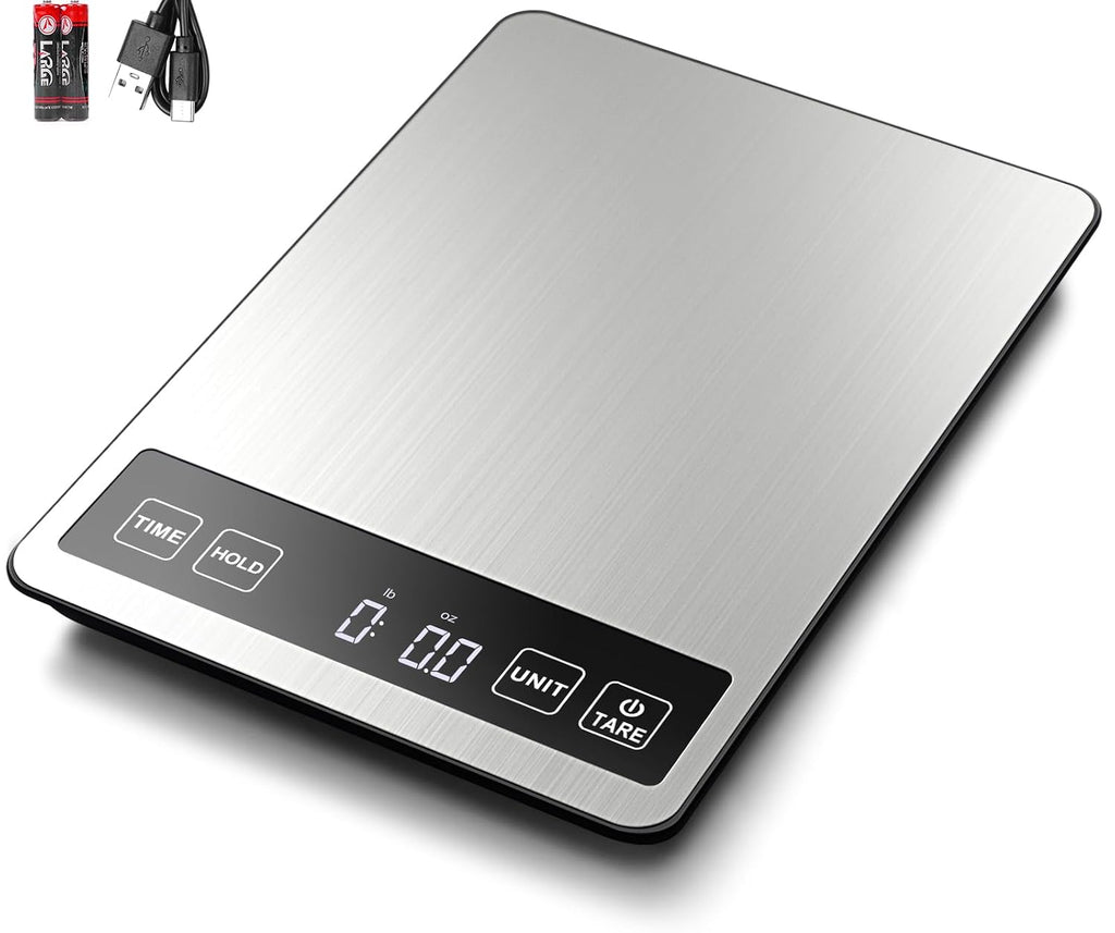 Fuzion Báscula de alimentos, báscula de cocina de 1g/0.1 oz, gramos y onzas, 22 libras, 7 unidades, funciones de tara y temporizador, potencia recargable,