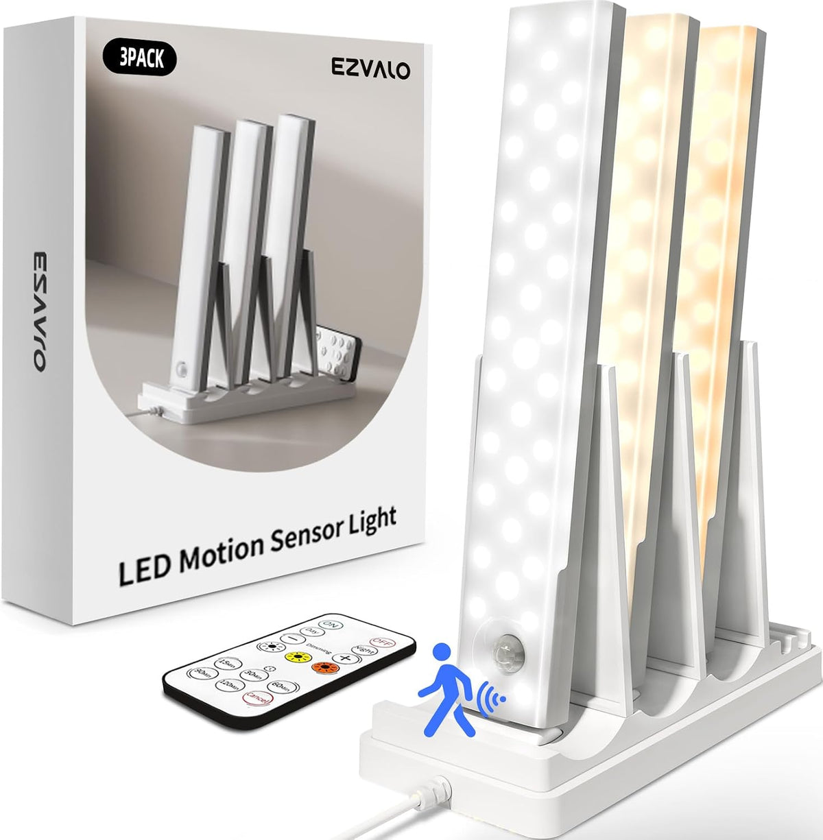 EZVALO 3 Pack Luz Bajo Gabinete con Estacion de Carga | Recargable 2000mAh, Sensor de Movimiento, 3 Temperaturas, Regulable, Magnetica | con Control Remoto