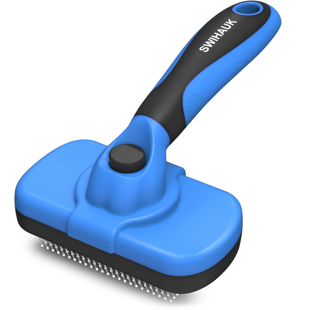 Cepillo autolimpiante Swihauk - Herramienta de aseo suave para perros y gatos, apto para mascotas con pelo suelto, incluye accesorios para mascotas, color azul.