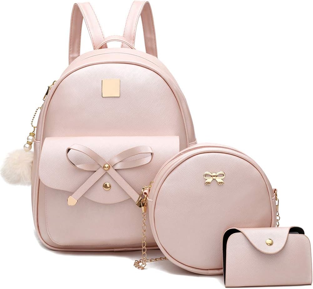 I IHAYNER Girls Bowknot 3-Pieces Fahsion Leather Backpack Backpack Purse for Women Rucksack for Ladies Shoulder Bag Pink