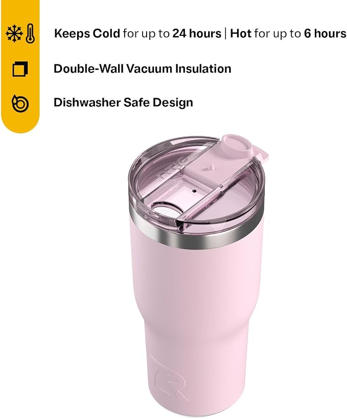 RTIC Vaso de Viaje con Tapa | Interior de Cerámica | Aislamiento al Vacío Doble Pared | Para Café, Té y Bebidas Frías | Rosa Pálido