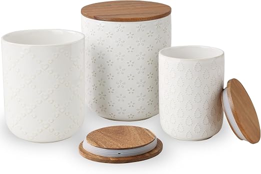 Set x3 Frascos Cerámicos Herméticos con Tapa de Madera – Diseño Relieve | 25, 40 y 70 oz
