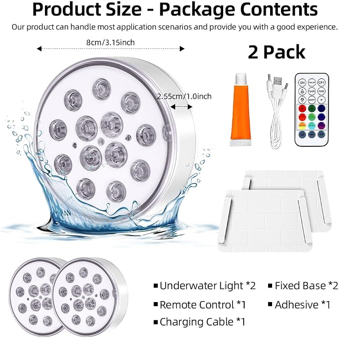Luces LED Sumergibles, 2 Piezas Luces Piscina Recargable con Mando, Impermeable IP68