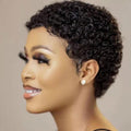 Peluca Corta Rizada de Cabello Humano con Flequillo – Sin Pegamento, Brasileña Virgen, Negro Natural | Para Uso Diario