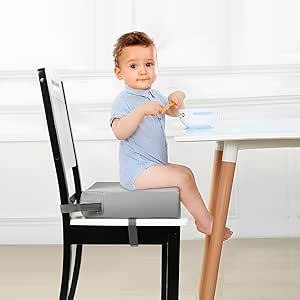 Asiento Elevador para Niños Pequeños — Doble Correa de Seguridad, Base Antideslizante, Lavable, Portátil (Gris)