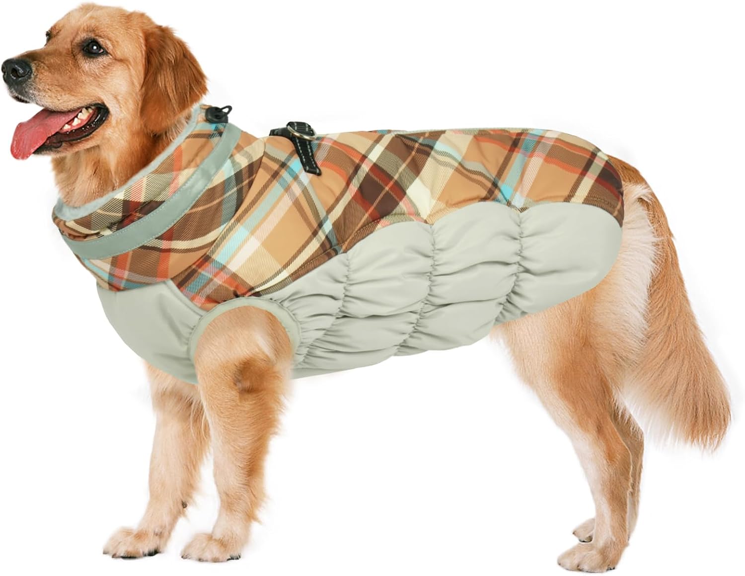 Abrigo de invierno cálido Lelepet para perros grandes, chaqueta impermeable con arnés, reflectante, para clima frío, resistente al viento, con cremallera, para nieve, color marrón, talla XXL 