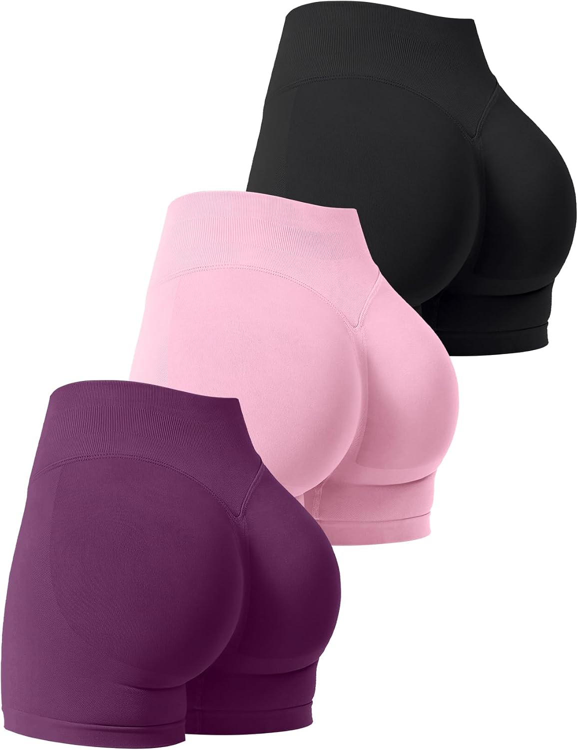 Niipty Pack de 3 shorts de gimnasio para mujer, con efecto push-up, sin costuras, cintura alta, ideales para yoga y entrenamiento - Negro + Rosa + Morado oscuro M
