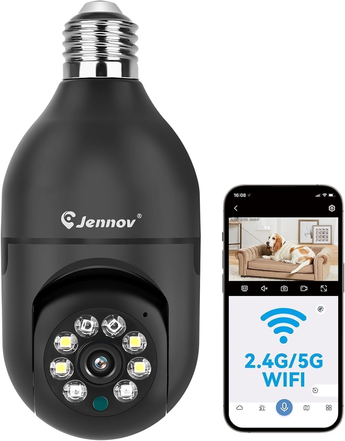 Cámara de seguridad inalámbrica Jennov 2K para bombilla, para exteriores e interiores, con forma de portalámparas, detección de personas, 355°, visión nocturna a color, WiFi 5G/2.4G, de rosca, compatible con Alexa.