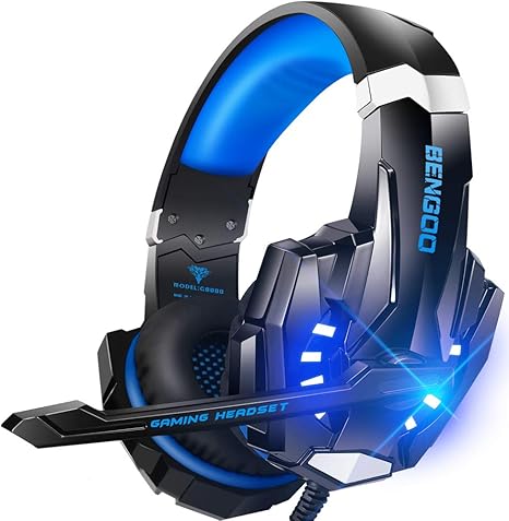 BENGOO G9000 - Auriculares de diadema estéreo para juegos para PS4, PC, Xbox One, control de PS5, con cancelación de ruido, micrófono, luz LED, sonido envolvente 7.1, orejeras de memoria suave