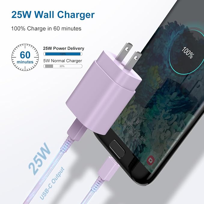 Cargador tipo C, paquete de 2 cargadores de pared PD USB C de 25 W, bloque de carga súper rápida y cable de cargador de teléfono Android para Samsung Galaxy S23 S22 S21 S20 Plus Ultra, Note