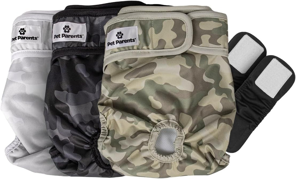 Pañales Lavables para Perros Pet Parents — Pack de 3, Talla Medium, Camo, Hembra y Macho + Extendrs