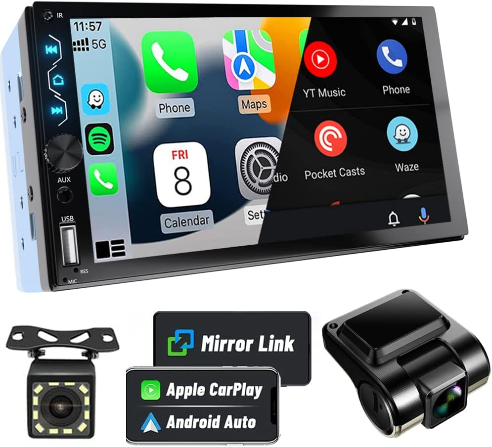 Estéreo de Auto Leadfan Doble DIN con Dash Cam | Pantalla Táctil Full HD 7" | Compatible con CarPlay y Android Auto | Bluetooth, Mirror Link y Cámara de Reversa