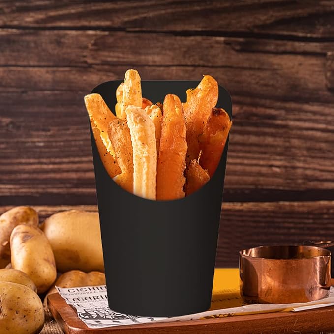 Kingzhuo 50 unidades de soporte para papas fritas de 14 onzas, tazas de papel para llevar, conos desechables, cajas de palomitas de maíz, bandejas de comida para boda, conos de papel (negro)