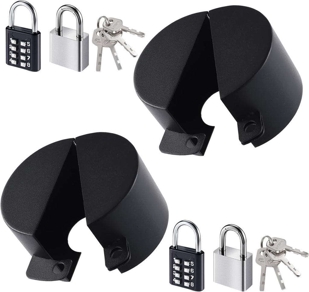 Cerradura para grifo exterior, paquete de 2 cerraduras para grifo de agua con doble sistema antirrobo, cubierta de acero inoxidable y kit de candado. Cerradura para grifo exterior, para válvulas y grifos de manguera de 1.3 a 2.5 pulgadas (negro).