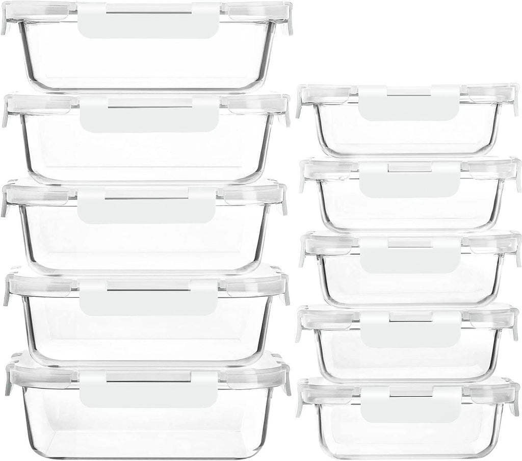 Contenedores de Vidrio MCIRCO para Meal Prep 10 Piezas con Tapa | Almacenamiento de Alimentos Hermético | Aptos para Microondas, Horno y Congelador | Blanco