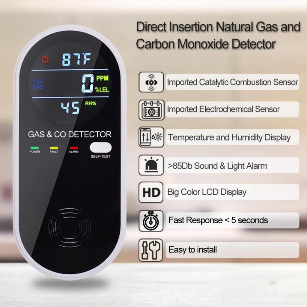 Detector de Monóxido de Carbono y Gas Natural 4 en 1 — Alarma Dual con Sensor de Temperatura y Humedad, Pack x2 Negro