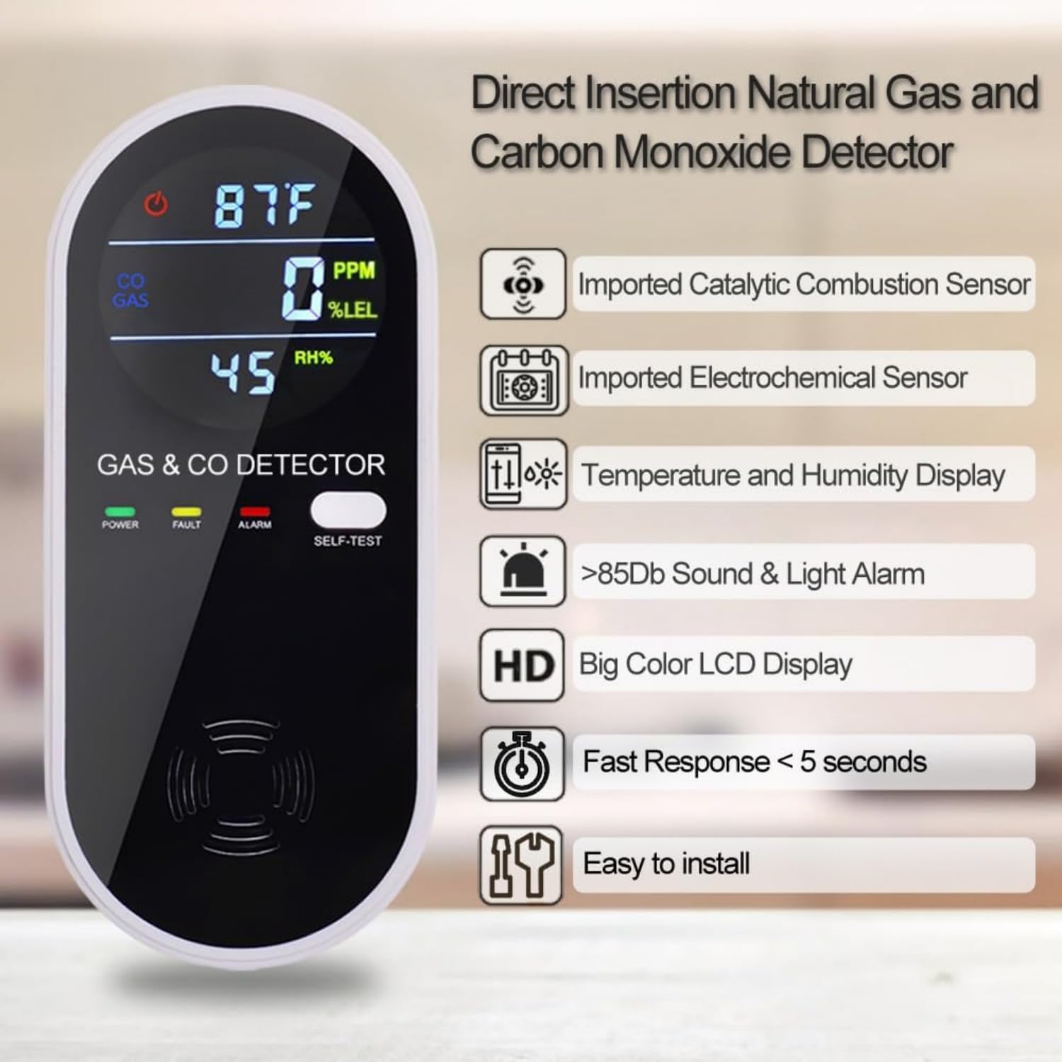Detector de Monóxido de Carbono y Gas Natural 4 en 1 — Alarma Dual con Sensor de Temperatura y Humedad, Pack x2 Negro