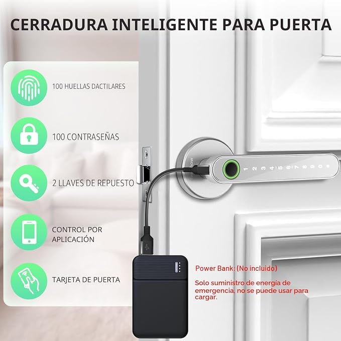Cerradura inteligente de puerta con perilla, cerraduras de puerta sin llave con manija, perilla de puerta por huella dactilar para recámara/puerta principal/apartamento, genera código