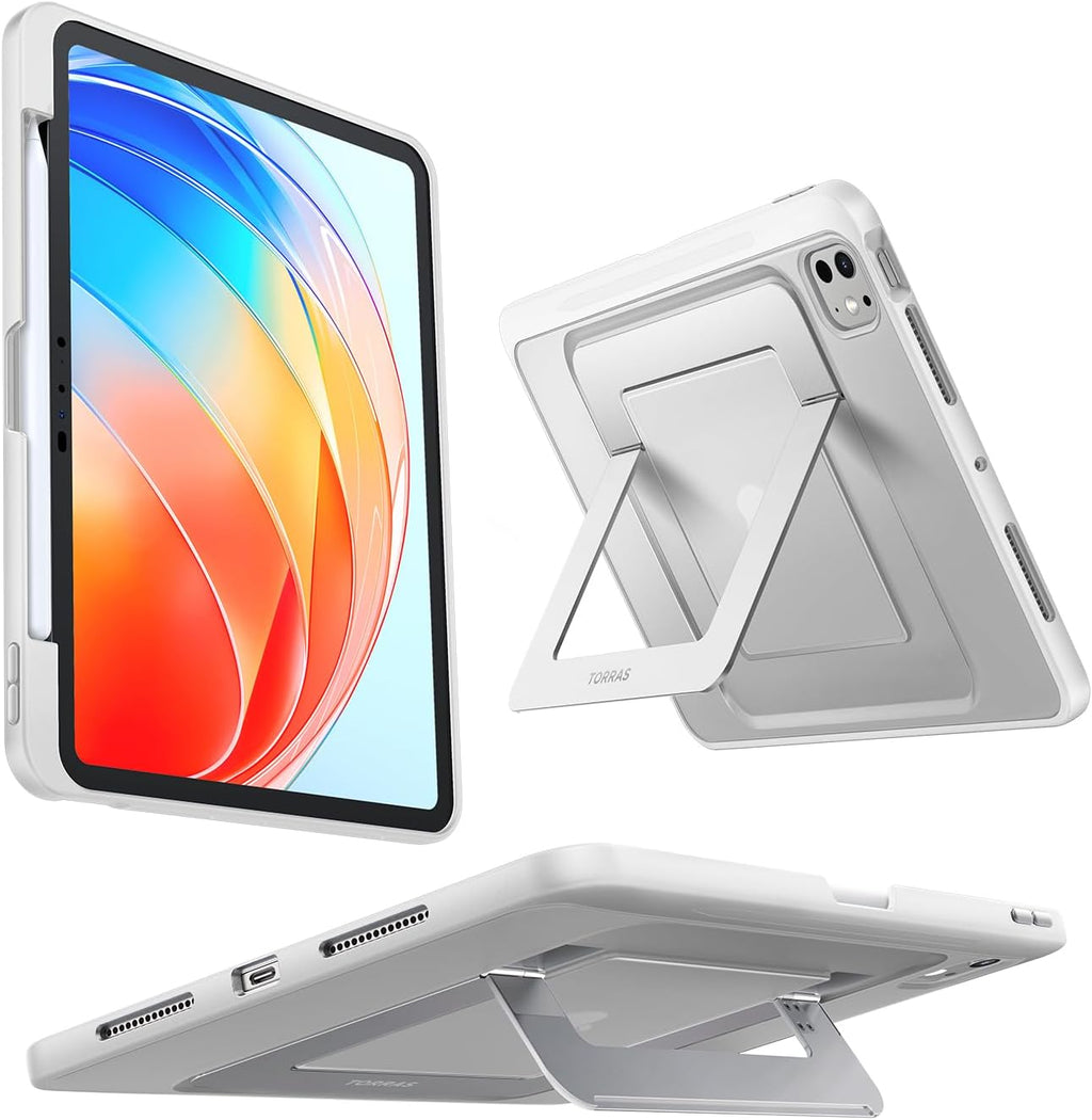 Funda TORRAS Ostand K1 Guardian para iPad Pro 13 Pulgadas 2025 M5 2024 M4 Soporte Ultra Estable Múltiples Ángulos de Vista Ajustables Funda Protectora Delgada con Kickstand y Portaplumas Blanca