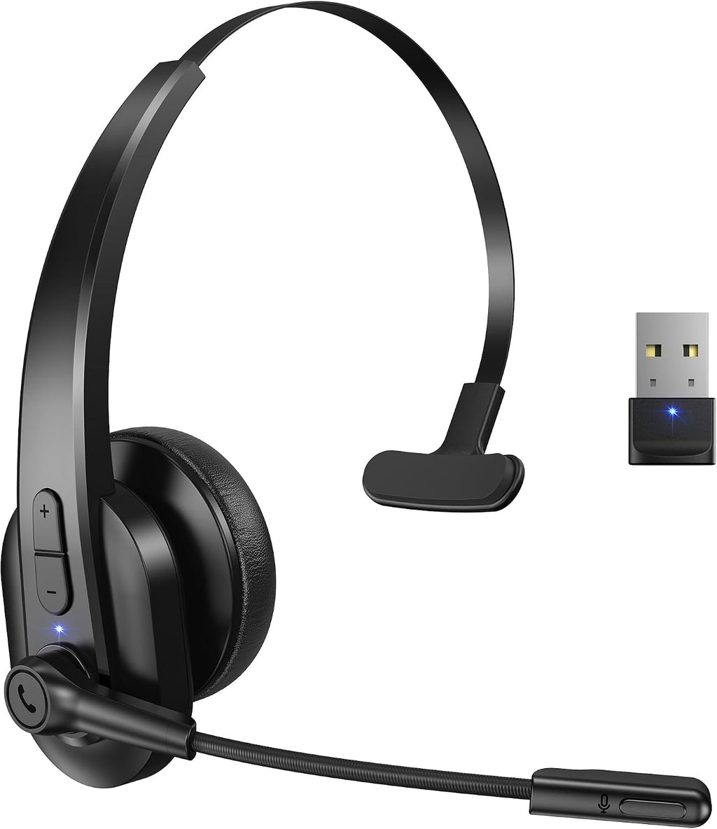 Sarevile Auriculares Bluetooth con dongle USB para computadora, auriculares inalámbricos de una sola oreja con micrófono de cancelación de ruido para oficina y camioneros,
