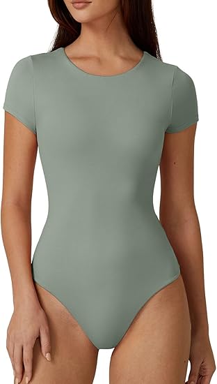 QINSEN Body sexy con cuello redondo para mujer, manga corta, con doble forro, adelgazante, color verde humo