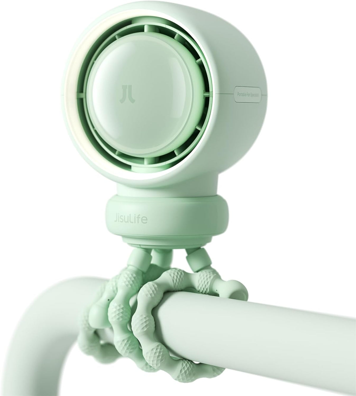 Ventilador de Cochecito para Bebé JISULIFE Grande, Sin Aspas Seguro para Cuna, Escritorio, Batería Recargable 4000 mAh Ventilador de Enfriamiento Portátil con Tecnología Air Turbo, Luz Nocturna, Regalo Apto para Alimentos - Verde